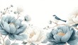 © Berkah - Delicate blue and white peonies and a tiny bird create a serene floral design.