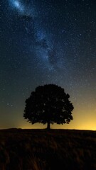 Wall Mural - Silhouette of tree under a vibrant Milky Way galaxy with countless stars shining bright in the dark night sky.