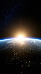 Wall Mural - Dramatic sunrise viewed from space with glowing horizon, city lights, stars, and dark sky background for global, or science concepts