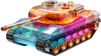 Illuminated War Machine: A transparent armored vehicle showcases an innovative design, its vibrant parts and construction are illuminated with a captivating array of colors.