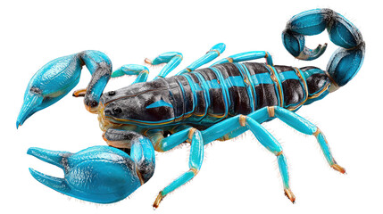 Vibrant Scorpion: A striking macro shot reveals a captivating scorpion, its body adorned with vivid blue and black patterns, showcasing the intricate detail of nature's artistry.