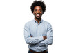 © Songpong - Smiling young black man in light blue shirt arms crossed confidently transparent background