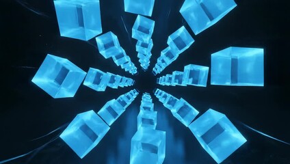 Wall Mural - A tunnel of floating, glowing blue cubes receding into the distance against a dark background.