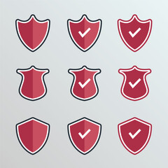 Wall Mural - Red shield icon set. Shield with a checkmark. Protection and security symbol. 