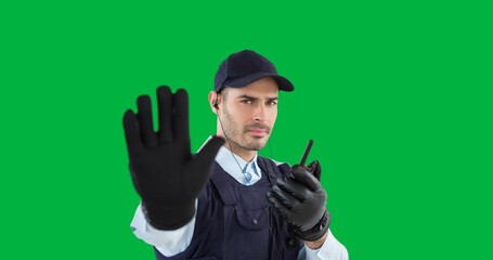 Wall Mural - Animation of caucasian policeman with radio gesturing stop sign on transparent background