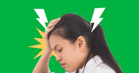 Wall Mural - Animation of asian girl with headache, white and yellow flashes on transparent background