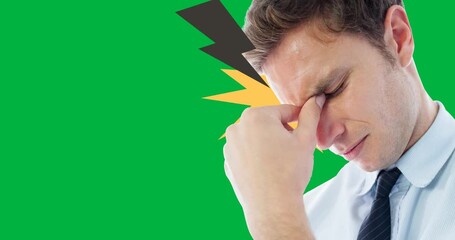 Wall Mural - Animation of caucasian man with headache, black and yellow flashes on transparent background