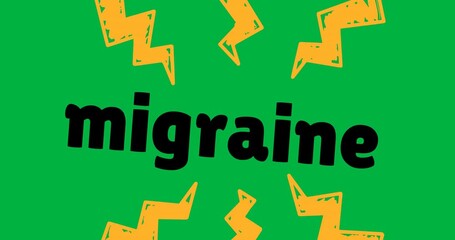Wall Mural - Animation of migraine text with yellow flashes on transparent background