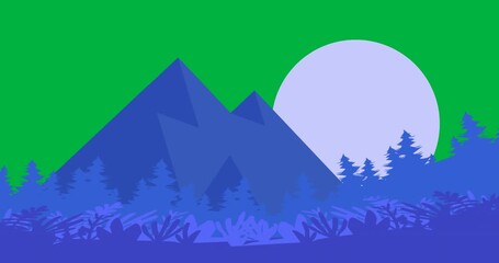 Canvas Print - Animation of graphic of blue landscape with hills and moon on transparent background