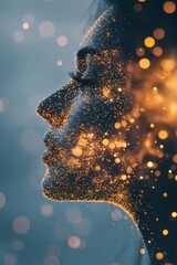 Wall Mural - Side profile of a face covered in glowing dots, with soft blurred lights in the background. AI.