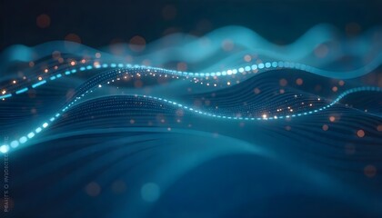 Abstract blue lines with glowing dots, flowing in a curved pattern, dark blue background with bokeh effects, futuristic and technological