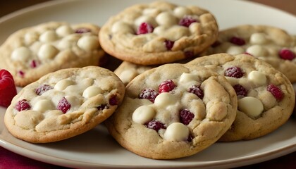 Wall Mural - white chocolate chip raspberry cookies on a plate