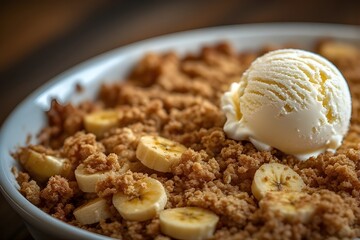Wall Mural - banana crumble dessert with vanilla ice cream on top