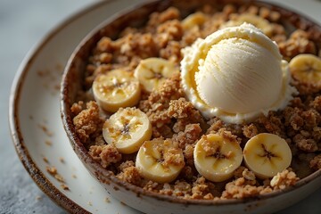 Wall Mural - banana crumble dessert with vanilla ice cream on top