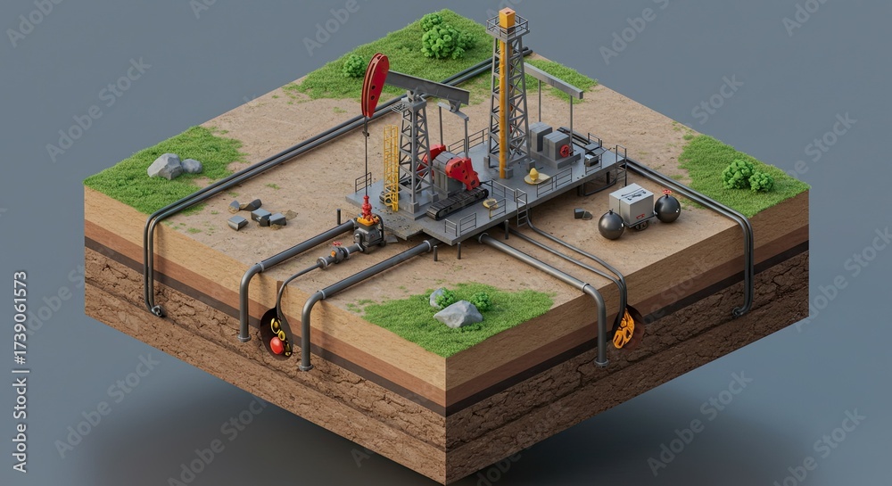 Dynamic oil rig equipment operating in a cross section of earth showing ...