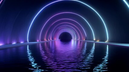 Wall Mural - Neon-light tunnel with infinite reflections, vibrant purple and blue tone