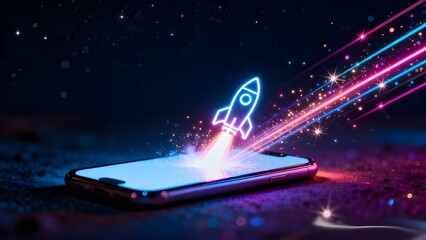 Neon Rocket Launching from Mobile Phone Screen Concept of Startup Speed and Technology