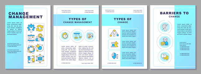 Wall Mural - Change management blue brochure layout. Types of changes and barriers. Innovation strategy. Leaflet advertising design with color line icons. Editable 4 pages. Arial, Myriad Pro-Regular fonts used