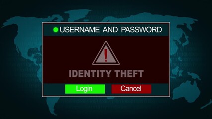 Identity theft Warning notification System Security Alert error message on Computer Screen Entering Login And Password .Digital Business, Technology, Internet and network concept.