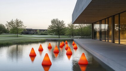 Wall Mural - Pond with orange cones beside a modern building