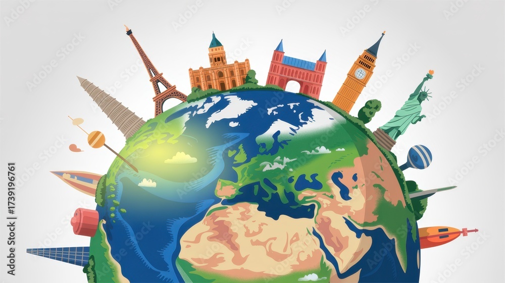 World travel concept with famous landmarks around the globe, including ...