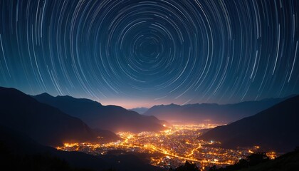 Wall Mural - Town lights glow below starry night sky with circular star trails. Mountains frame vibrant cityscape against cosmic backdrop. Magical celestial motion over landscape.