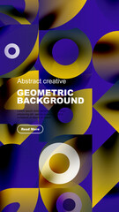 Wall Mural - Abstract geometric design features vibrant purple, yellow shapes. Dark background enhances visual contrast, modern aesthetic. Text overlay present.