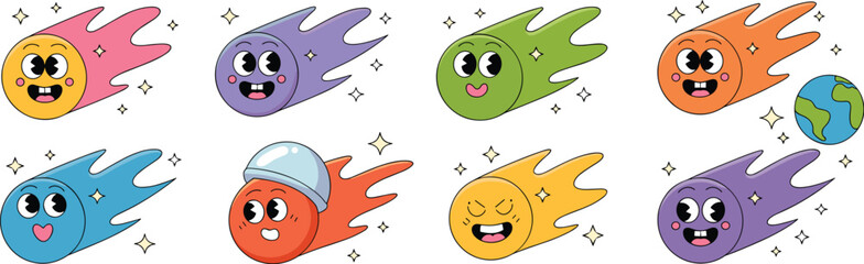 Wall Mural - Retro Cartoon Comets Flying in Space with Smiling Faces and Colorful Tails, Cosmic Character Set Illustration for Children's Education, Science, Technology, Astronomy, Nostalgic, Vintage Style Design
