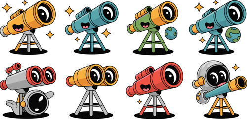 Wall Mural - Cartoon Telescopes Observing Space Exploration from Earth, Colorful Astronomy Tools with Starry Sky and Planets - Science Education, Cosmic Discovery, Kids Learning, Fun Vector Graphic Illustration fo