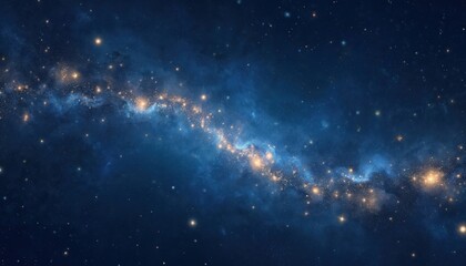 Galaxy with stars, nebula in space. Cosmic scene with celestial bodies. Blue, gold colors in astronomy background. Infinite universe with stellar formation. Seamless pattern for wallpaper or texture.