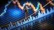 © JROK - Miniature businessman walking a tightrope above digital stock charts symbolizing market risk and financial balance.