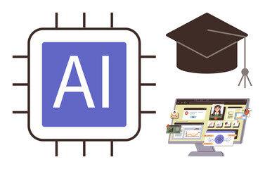 Microchip labeled AI, graduation cap, and computer interface displaying online learning tools. Ideal for technology, education, innovation, e-learning, digital transformation, advancement