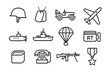 © Viacheslav - World War II Icons. World War II. Line icon set of World War II: helmet, dog tags, jeep, plane, submarine, battleship, parachute, ration tin, field phone,