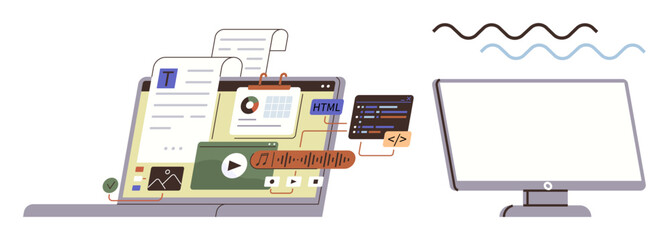 Laptop showcasing coding scripts, media, and design tools alongside an external monitor. Ideal for coding, technology, web development, content creation, online learning, IT tools simple flat