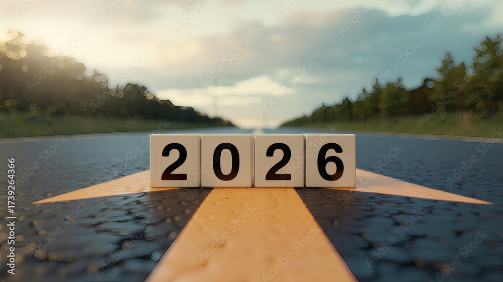 2026 year cubes on road with bold arrow forward concept progress ...