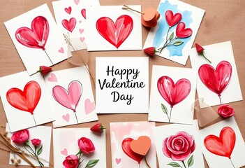 Wall Mural - Flat lay of painted Valentine's Day cards, artistic arrangement, top view, topview, celebration