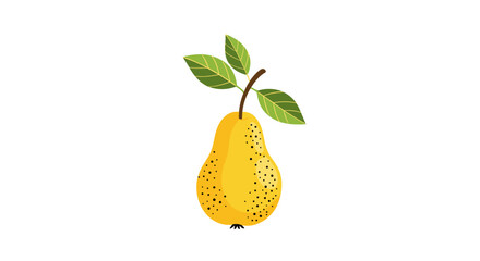 A fresh ripe yellow pear with green leaves on a stem.