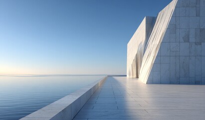 A modern architectural structure with clean lines stands by calm water under a clear blue sky, showcasing minimalist design and geometric forms.