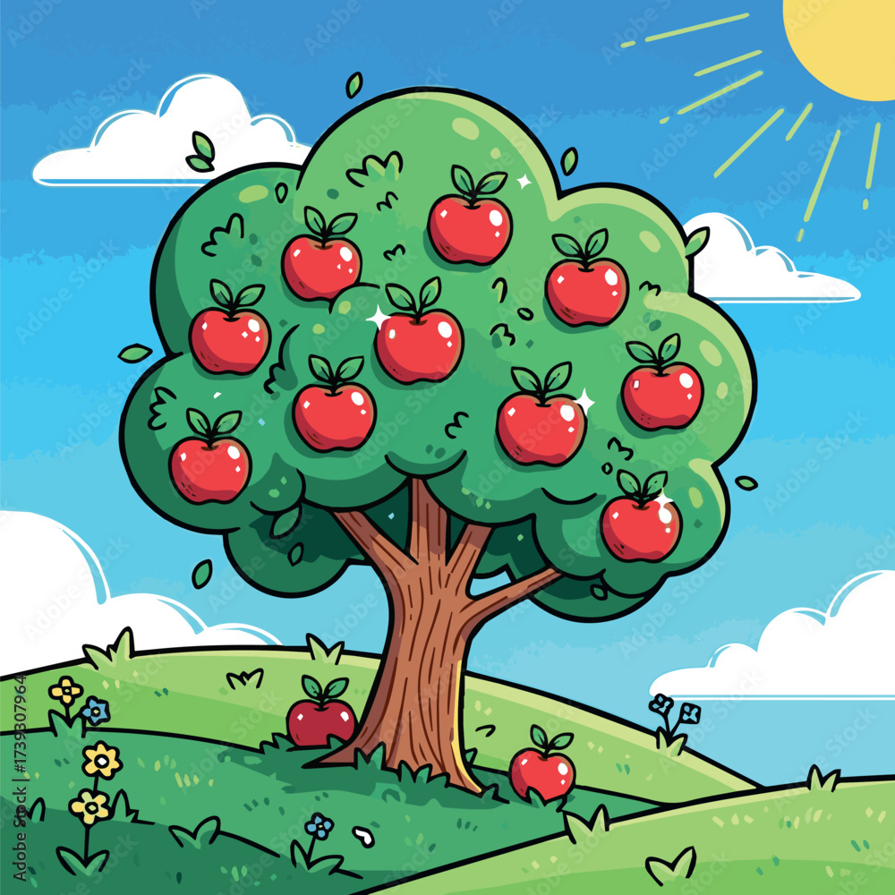Cartoon apple tree with red apples on a grassy hill illustration. Stock ...