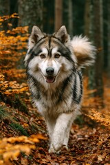  Beautiful husky walking through colorful autumn forest with golden leaves on the ground during a tranquil afternoon