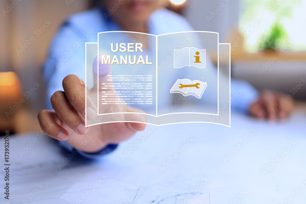 user manual concept with a man pointing on virtual interface to open ...