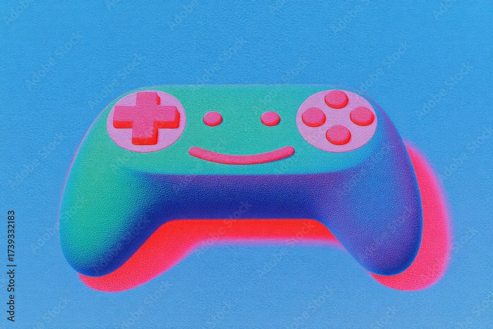 Colorful retro game controller with a smiley face design on a bright ...