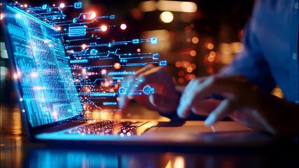 Tech advanced coding professional software on laptop, maximizing workflow potential within sleek digital featuring contemporary workspace infrastructure video 4k