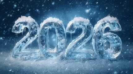 Wall Mural - 3d ice sculpture of 2026 with frosted edges and snow accents illuminated on dark blue winter background with falling snowflakes for festive new year celebration