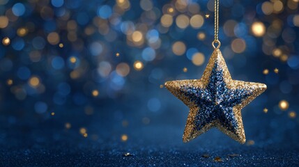 Wall Mural - Festive christmas greeting card design featuring a sparkling golden star with blue glitter texture hanging against a dark blue background, surrounded by elegant gold and blue bokeh lights for a magica