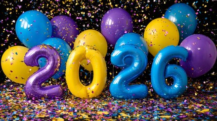 Wall Mural - Festive new year 2026 celebration with large decorative 2026 numbers, colorful blue, yellow, and purple balloons, and scattered confetti creating a joyful holiday atmosphere