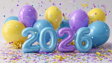 Wall Mural - Festive new year 2026 celebration with large decorative 2026 numbers, colorful blue, yellow, and purple balloons, and scattered confetti creating a joyful holiday atmosphere