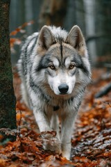  Wolf walks through a forest covered in autumn leaves during a misty afternoon