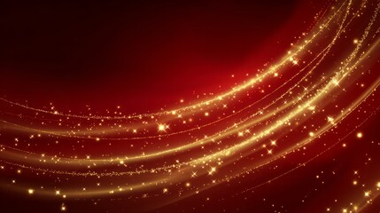 Wall Mural - Festive brilliant golden stardust arcs across a festive red background with shimmering falling star light trails, creating a magical holiday atmosphere ideal for christmas celebrations, new year festi