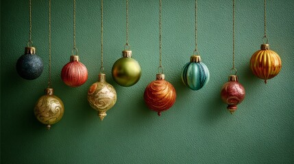 Wall Mural - Vibrant Colorful Christmas Ornaments Hanging on a Green Wall, Showcasing Festive Holiday Decorations with Shiny Baubles, Glittering Spheres, and Elegant Seasonal Accents for a Cheerful Indoor Christma